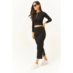 Olalook Women's Black Crew Neck Blouse Slit Skirt Lycra Suit