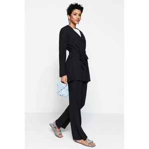 Trendyol Black Belted Oversize Ribbed Knitted Tunic-Pants Set