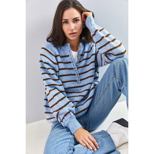 Bianco Lucci Women's Button-down Collar Turtleneck Striped Knitwear Sweater