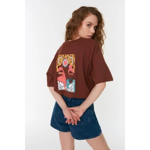 Trendyol Dark Brown Printed Oversized Knitted T-Shirt