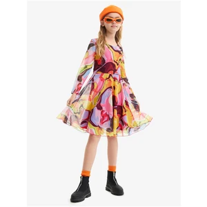 Yellow-pink girly patterned dress Desigual Aguayo - Girls