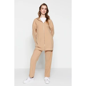 Trendyol Camel Hooded Zippered Knitted Tracksuit Set