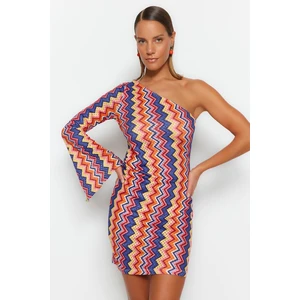 Trendyol Geometric Pattern Fitted Mini Knitted One-Shoulder Beach Dress