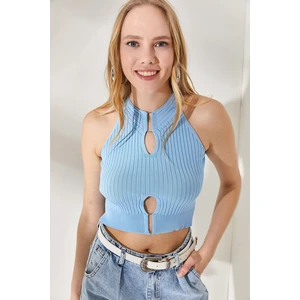 Olalook Women's Baby Blue Halterneck Accessorized Crop Knitwear Blouse