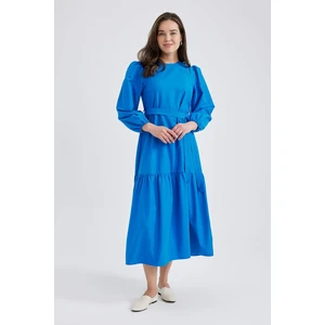 DEFACTO Crew Neck Tie Waist Detailed Poplin Long Sleeve Maxi Dress