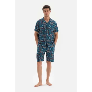 Dagi Navy Blue Shirt Collar Printed All-in-One Pajamas Set