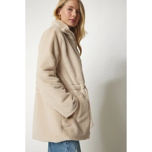 Happiness İstanbul Women's Beige Zipper Oversized Sheepskin Plush Coat