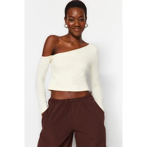 Trendyol Stone One-Shoulder Cotton Knitted Blouse with an Stretchy Fitted/Simple Crop