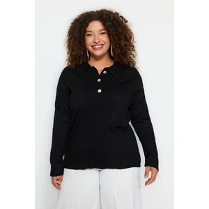 Trendyol Curve Black Polo Collar Button Closure Knit Sweater