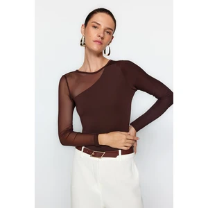 Trendyol Brown Tulle Detailed Snap Snap rugalmas kötött body,