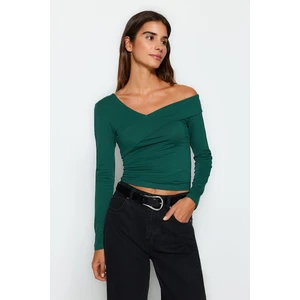 Trendyol Smaragdově Zelený Bavlněný Crop Top s Volánky