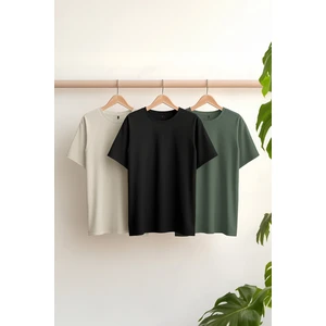 Trendyol Black-Beige-Khaki Men's Basic Slim Fit 100% Cotton 3-Pack Crew Neck Short Sleeve T-Shirt