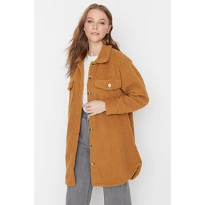 Trendyol Camel Shirt Collar Double Pocketed Plush Coat