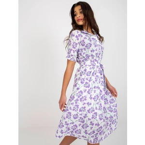 White-violet floral midi dress with belt