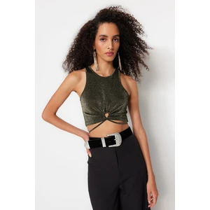 Trendyol Bronze Crop Knitted Glitter Tie Blouse