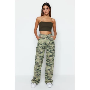 Trendyol Multicolored Ribstop Camouflage Print High Waist Wide Leg Jeans with Cargo Pocket