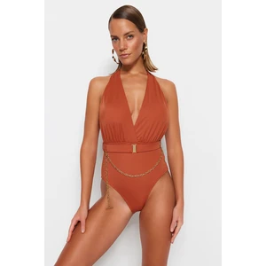 Trendyol Cinnamon Deep Decollete Accessorised, Regular Leg Swimsuit