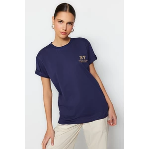 Trendyol Navy Blue 100% Cotton Embroidered Boyfriend/Wide Fit Crew Neck Knitted T-Shirt