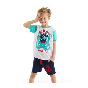 Denokids Sea Monster Boy's White T-shirt, Navy Blue Shorts Set