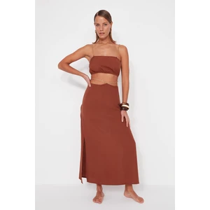 Trendyol Brown Woven Accessorized Blouse and Skirt Set