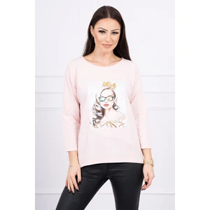 Blouse with graphics of the girl in glasses 3D powdered pink