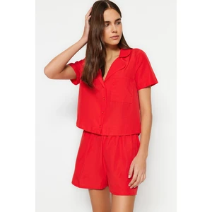 Trendyol Dark Red Terrycotton Shirt-Shorts Woven Pajamas Set