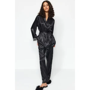 Trendyol Black Premium Satin Lace and Tie Detail Woven Pajamas Set