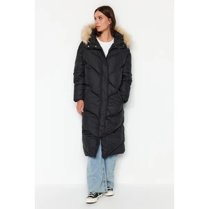 Trendyol Black Oversize Fur kapucnis vízlepergető puffer kabát