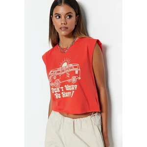 Trendyol Red 100% Cotton Printed Sleeveless Crop Crew Neck Knitted T-Shirt