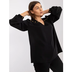 Black, loose-fitting V-neck blouse