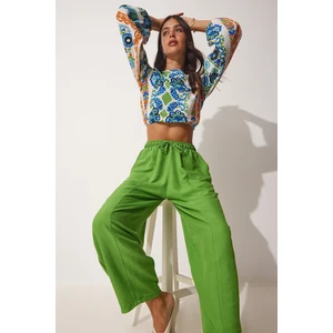 Happiness İstanbul Women's Vibrant Green Pocketed Linen Viscose Baggy Pants