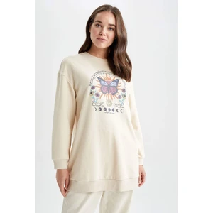 DEFACTO Relax Fit Crew Neck Printed Sweatshirt Tunic