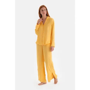 Dagi Yellow Ribbed Satin Pants