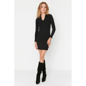Trendyol Black Fitted Polo Neck Mini Ribbed Stretch Knit Dress