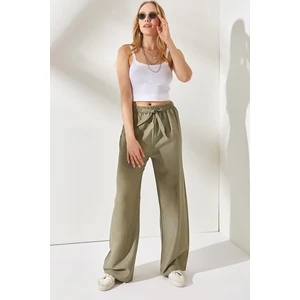 Olalook Women's Khaki Waist Elasticated and Laced Palazzo Linen Pants