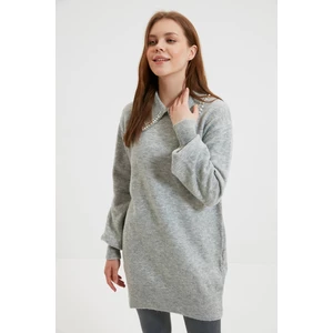 Trendyol Gray Polo Collar Pearl Detailed Knitwear Sweater