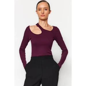 Trendyol Damson Ribbed Cut Out/Window Detail Fitted/Sticky Cotton Stretch Knit Blouse