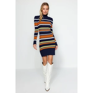 Trendyol Navy Blue Color Block Mini High Collar Knitwear Dress