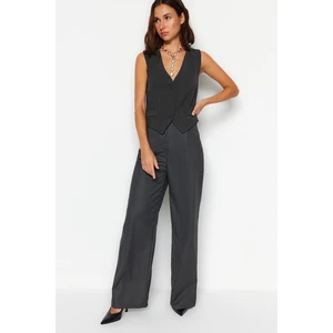 Trendyol Anthracite Wide Leg Ribbed Button Detail Woven Trousers