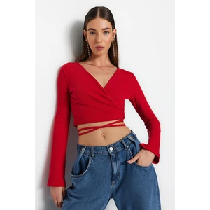 Trendyol Red Ribbed Fitted Long Sleeve Double Breasted Crop Cotton Stretch Knitted Blouse