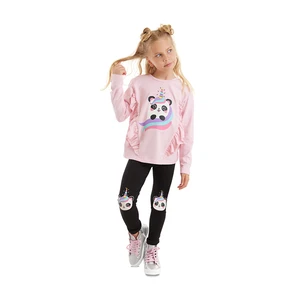 Denokids Panda Unicorn Girl's Pink T-shirt and Black Leggings Set.