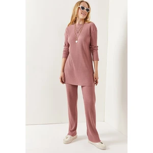 Olalook Women's Dusty Rose Top Slit Blouse Bottom Palazzo Corded Suit