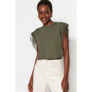 Trendyol Khaki 100% Cotton Tassel Detailed Crop Crew Neck Knitted T-shirt