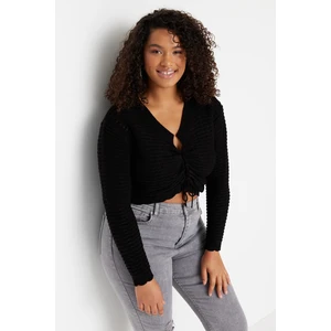 Trendyol Curve Black V-Neck with Openwork Smocking Detailed Fine-knit Knitwear Cardigan