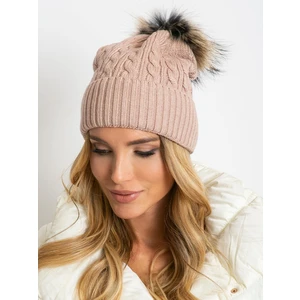 Cap with a braid weave and a fur pompom, dirty pink