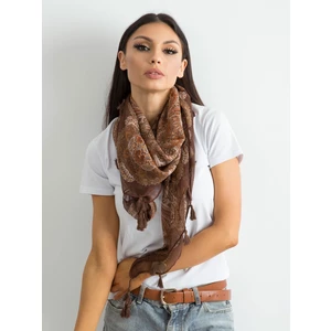 Brown scarf with fringes and a print