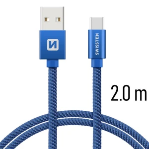 Adatkábel Swissten textil USB-C konnektorral, gyorstöltés támogatással, kék