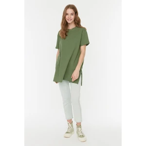 Trendyol Khaki 100% Cotton Slit Detailed Crew Neck Basic Knitted T-Shirt