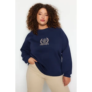 Trendyol Curve Navy Blue Thick Fleece Inside Embroidery Detailed Knitted Sweatshirt