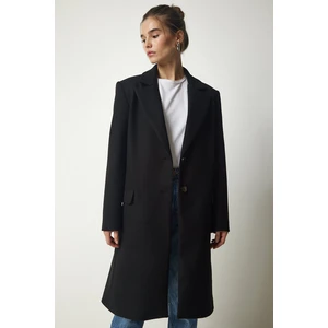 Happiness İstanbul Women's Black Double Breasted Collar Buttoned Cachet Coat